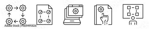 Conjunto de iconos de flujo de trabajo. Tareas, herramientas digitales y automatización. Proceso, secuencia, alerta, intervención y gestión. Ilustración vectorial 