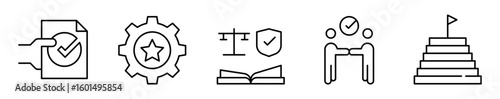Conjunto de iconos de buenas prácticas. Estándares de calidad, ética y objetivos. Normas, excelencia, código de ética, trabajo conjunto y propósito. Ilustración vectorial  