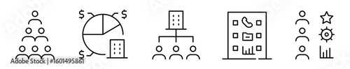 Conjunto de iconos de estructura empresarial. Jerarquía y distribución de funciones. Liderazgo, distribución de recursos, delegación, división de departamentos y roles