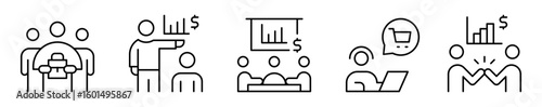 Conjunto de iconos de equipo de ventas. Capacitación, estrategia y colaboración comercial. Presentación de producto, capacitación, estrategia comercial, venta digital y metas alcanzadas