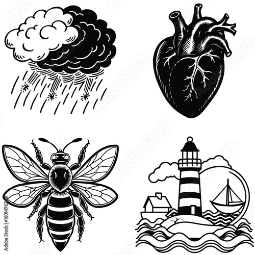 Wallpaper Mural Vector art of a collage of diverse illustrations featuring a stormy cloud with rain a human heart a bee and a lighthouse with a sailboat Torontodigital.ca
