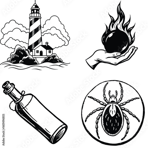 Vector art of a vintagestyle collection of illustrations featuring a lighthouse a flaming ball in a hand a message in a bottle and a tick isolated on white background