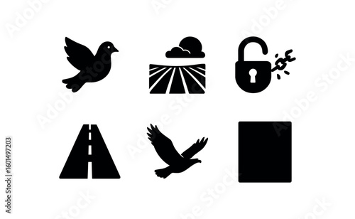 solid icon isolated dove open field unchained shackle open road soaring eagle blank canvas