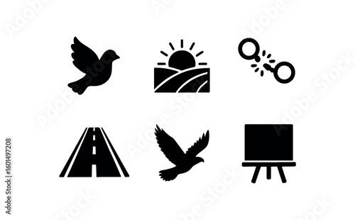 solid icon isolated freedom (symbols): dove open field unchained shackle open road soaring eagle blank canvas