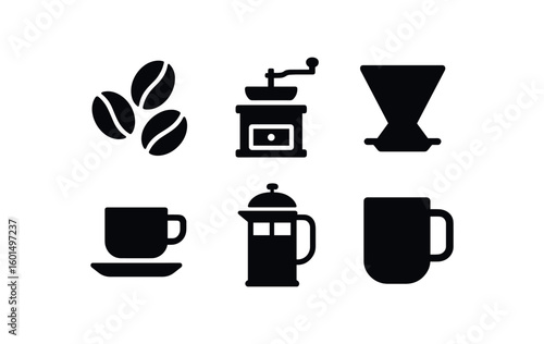 solid icon isolated coffee (basics): coffee beans coffee grinder coffee filter espresso shot French press coffee mug