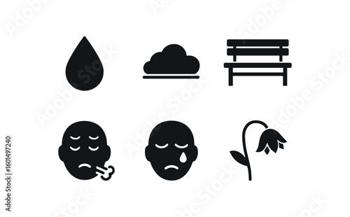 solid icon isolated tear drop dusk lonely bench heavy sigh quiet sob withe bloom