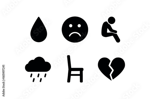 solid icon isolated sadness (emotions): tear drop gloomy face slumped figure lonely rain cloud empty chair broken heart