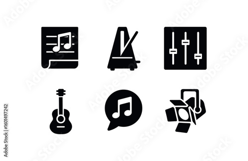 solid icon isolated musical score metronome tick miing console acoustic guitar vocal track stage spot