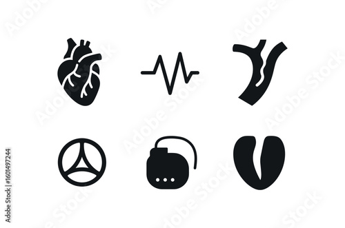 solid icon isolated cardiac chamber heartbeat rhythm coronary artery heart valve pacemaker device ventricular wall