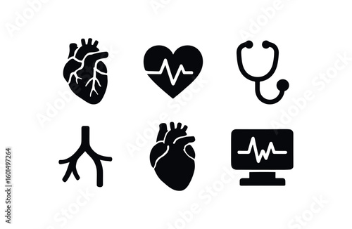 solid icon isolated heart (anatomy): cardiac muscle heartbeat stethoscope artery diagram human heart ecg monitor