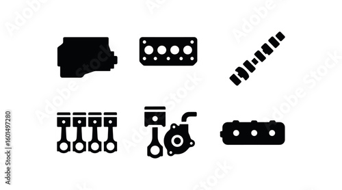 solid icon isolated long block engine crankshaft long block engine cylinder head long block engine camshaft long block engine piston long block engine oil pump long block engine valve cover