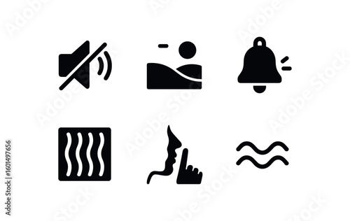 solid icon isolated silence mute button silence tranquil field silence meditation bell silence soundproof panel silence whisper mark silence stillness wave