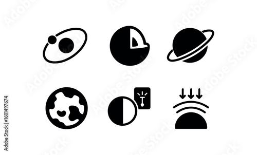 solid icon isolated planetary orbit model planetary core simulation planetary ring diagram planetary surface map planetary albedo meter planetary atmosphere simulator