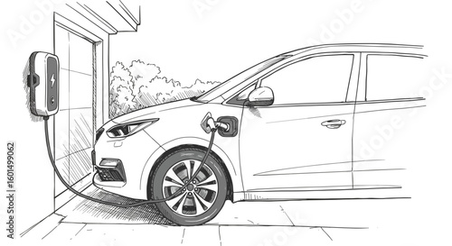 Vintage ink hand drawn sketch of electric car charging at home with EV charger, black and white illustration, vector engraving or woodcut
