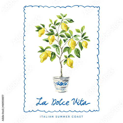Lemon tree in the pot with yellow fruits, blue line frame, white background. Print for t shirt, poster, text La Dolce Vita. Vector illustration. Italian summer coast design