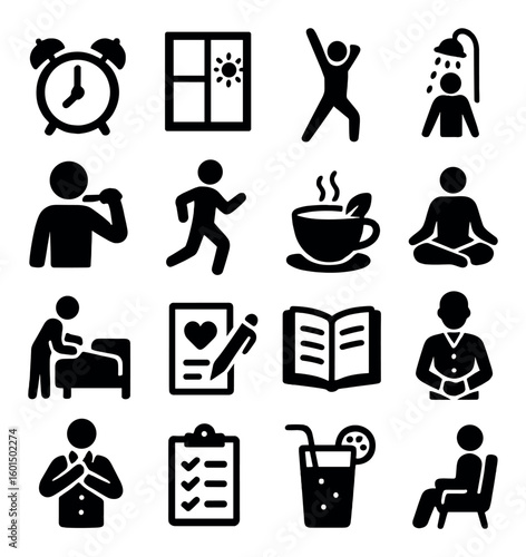 Daily routine silhouette icon set: alarm, window, exercise, shower, coffee, meditation, sleep, notes, reading