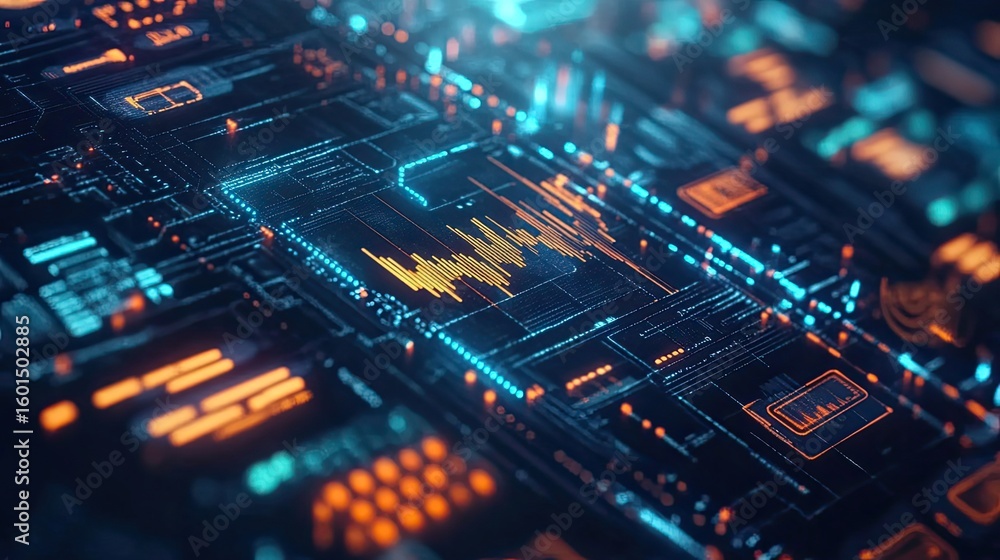 Bitcoin symbol formed from thousands of glowing orange and blue dots over dark digital surface, simulating data points and network signals in blockchain. Generative by AI Bitcoin symbol formed from thousands of glowing orange and blue dots over dark digital surface, simulating data points and network signals in blockchain. Generative by AI