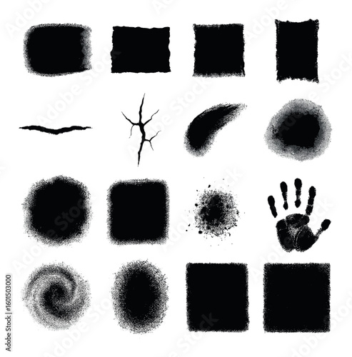 Grunge silhouette icon set. containing square, crack, brushstroke, splash, smudge, handprint, torn paper, halo and more.