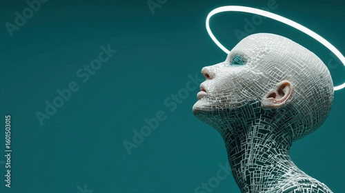 Elegant futuristic robot portrait, angelic figure gazing upward, with digital skin texture, isolated on transparent background.