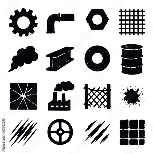 Industrial silhouette icon set. including gear, pipe, nut, fence, barrel, factory, smoke, and more.