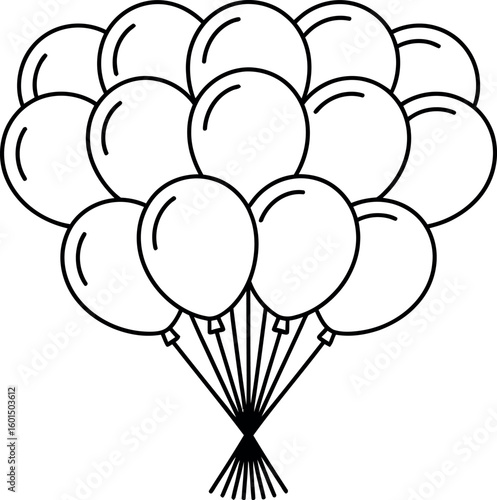 Bunch of outline balloons tied together with strings group celebration