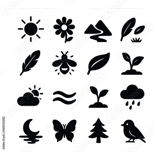 Nature silhouette icon set. containing sun, flower, mountains, feather, bee, leaf, plant, cloud, butterfly, tree, bird.