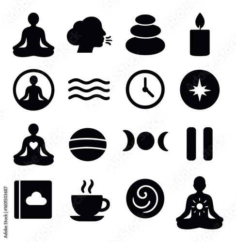 Meditation silhouette icon set. containing yoga, breathing, spa, candle, zen, relaxation, clock, moon, tea.
