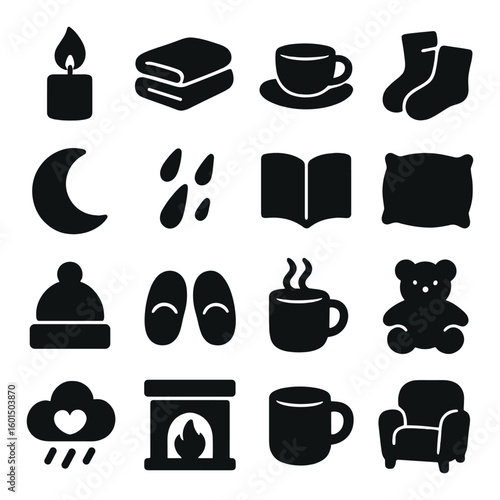 Cozy silhouette icon set: candle, book, mug, slippers, pillow, teddy bear, fireplace, and more.