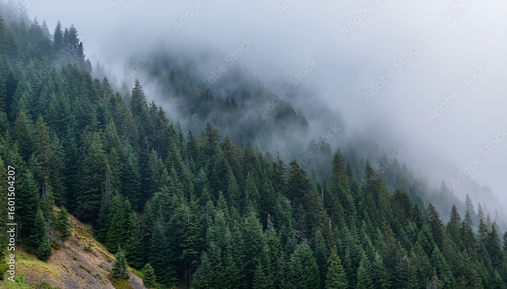 misty mountainside covered in dense evergreen trees misty mountainside covered in dense evergreen trees