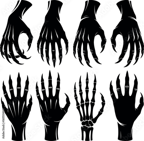 Black silhouette monster claw hands and skeleton hands on white background monster hand