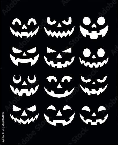 Twelve white carved pumpkin faces on black background halloween jack o lantern