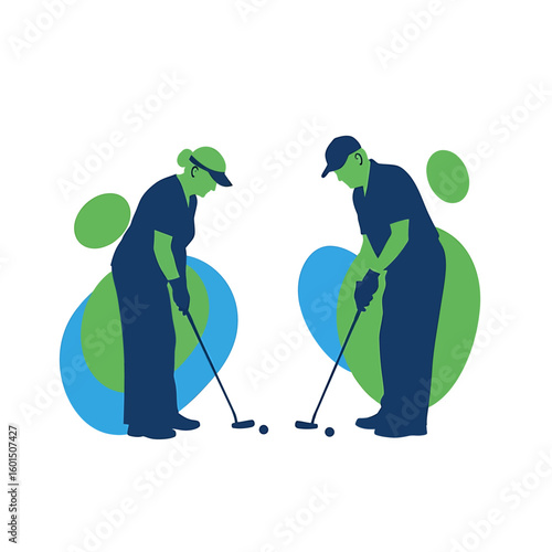 Two golfers, a man and a woman, are depicted in silhouette, each preparing to putt a golf ball with their clubs on a white background with abstract shapes.