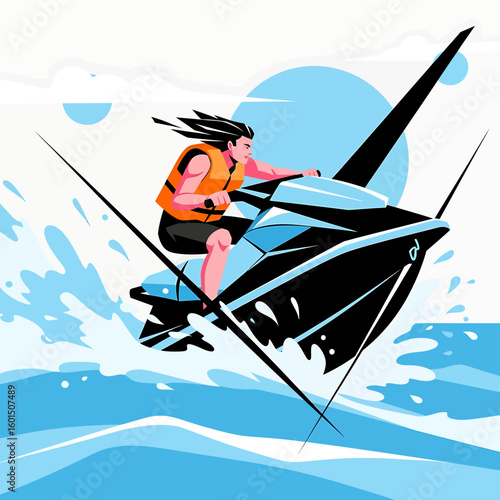 A person with long hair wearing a life vest rides a jet ski on blue water, creating a splash against a bright, sunny sky.