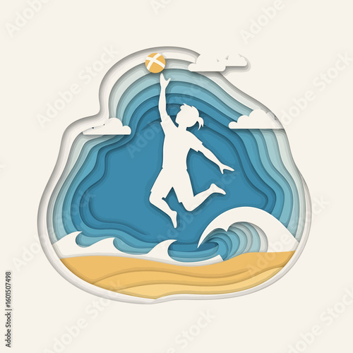 Silhouette of a woman jumping to hit a beach ball, depicted in a layered paper-cut style with ocean waves and sandy beach.