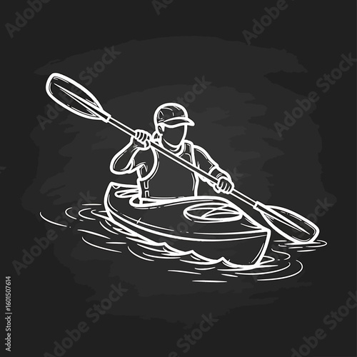 White sketch of a person kayaking with a paddle in the water, wearing a cap, against a dark background.