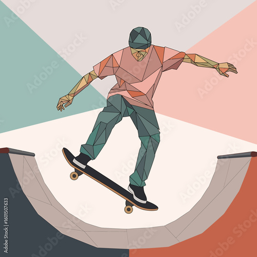 Geometric illustration of a skateboarder performing a trick on a ramp, rendered in a polygonal style with pastel colors.