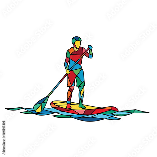 Colorful geometric illustration of a man paddleboarding on the water, holding an oar and standing on a board.