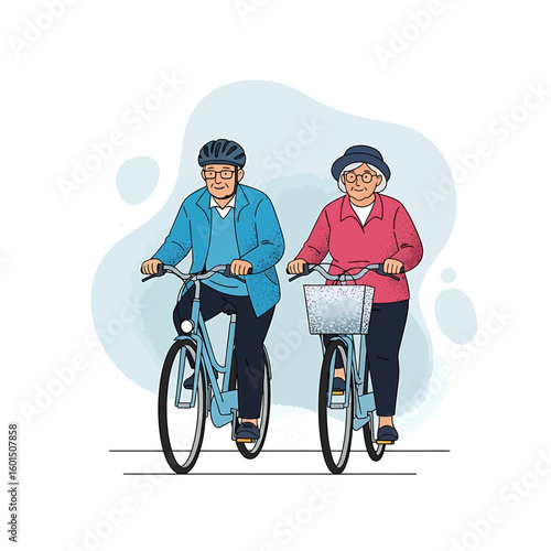 An elderly couple enjoys a bike ride together, the man wearing a helmet and the woman with a basket on her bicycle.