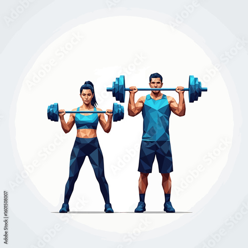A woman and a man in athletic wear lifting barbells in a stylized, geometric art style against a white background.