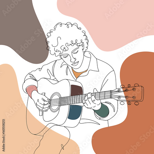 Line art illustration of a young person with curly hair playing an acoustic guitar against an abstract background of organic shapes in muted earth tones.