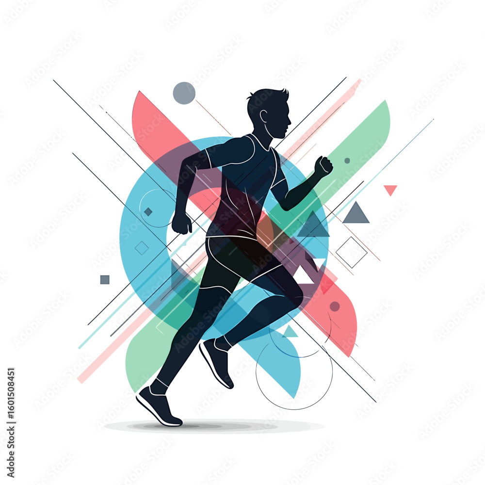 Fototapeta premium Silhouette of a male runner in motion, overlaid with abstract geometric shapes and lines in pastel colors against a white background.