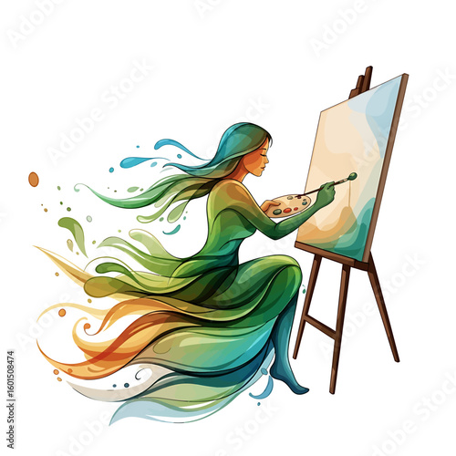 A woman with flowing hair and dress, painted in watercolor style, sits painting on a canvas with an easel.