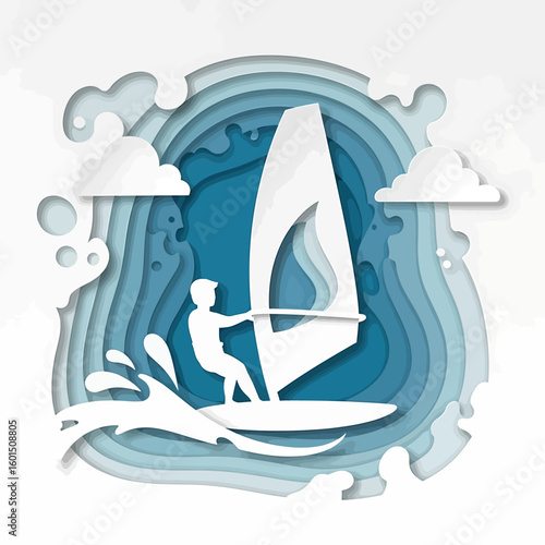 Paper cut illustration of a windsurfer sailing on the ocean with waves, clouds, and layered blue water effect.