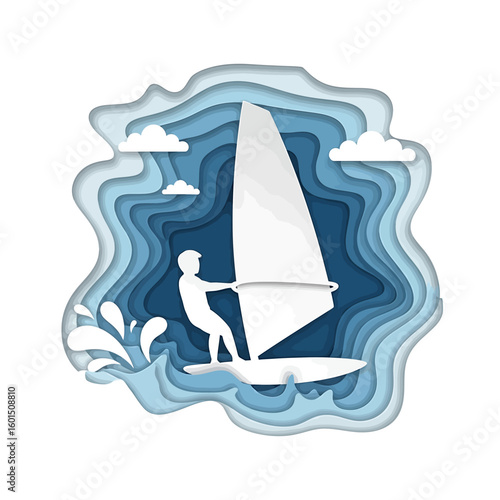 Silhouette of a windsurfer on a board with a white sail, depicted in a layered paper-cut style with blue water and clouds.