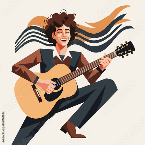 A smiling man with curly hair plays an acoustic guitar with energy, against a stylized background of flowing lines.