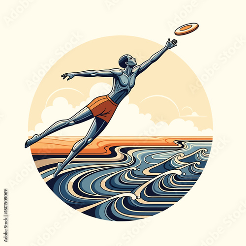 A stylized illustration of a person diving to catch a frisbee over stylized waves, depicted in a circular format.