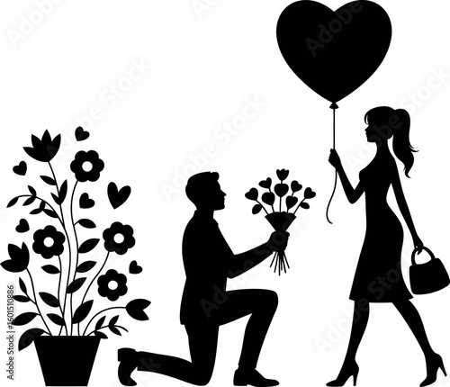 Man proposing with flowers to woman holding heart balloon proposal romance
