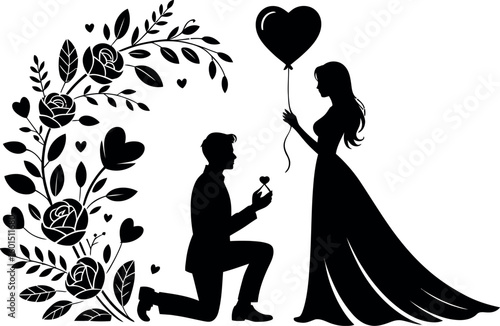 Man proposing to woman holding heart balloon with floral border proposal engagement