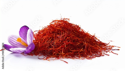 pile ovf dried saffron and crocus flower isolated on white background