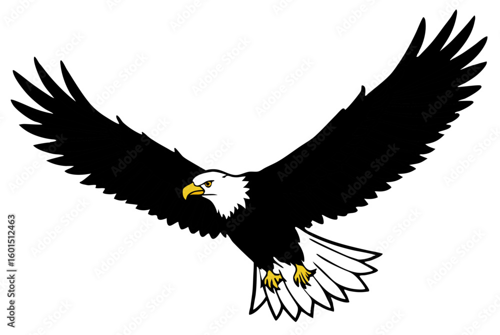 Obraz premium Wild American bald eagle in flight, a majestic bird of prey with a white head and beak, a symbol of freedom in nature